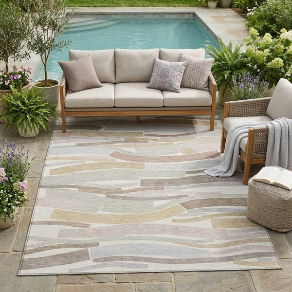 5x8 Ivory Silver Stripe Polyester Area Rug Washable Stain Resistant Indoor Outdoor Use
