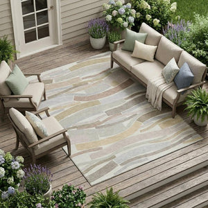8 X 10 Ivory Silver Stripe Polyester Area Rug Stain Resistant for Patio or Living Room