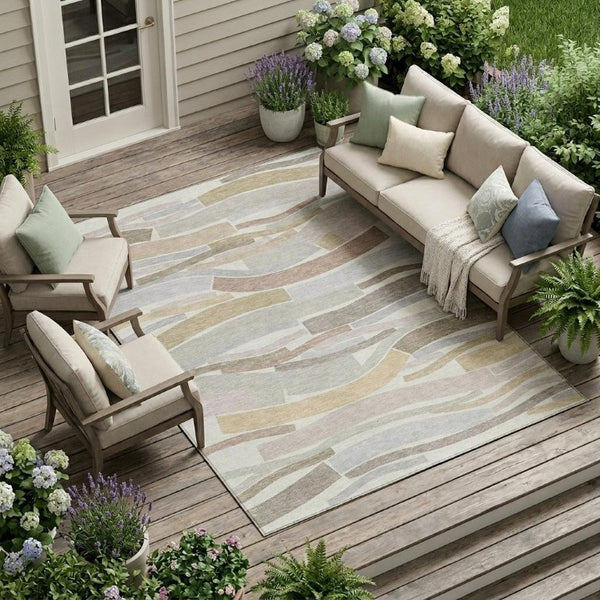 8 X 10 Ivory Silver Stripe Polyester Area Rug Stain Resistant for Patio or Living Room