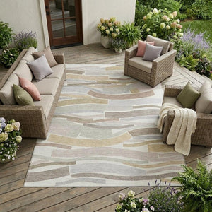 9 X 12 Ivory Silver Stripe Washable Polyester Area Rug for Patio Porch Living Room
