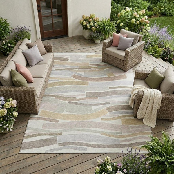 9 X 12 Ivory Silver Stripe Washable Polyester Area Rug for Patio Porch Living Room