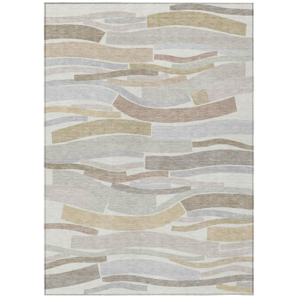 HomeRoots 9 X 12 Ivory Silver Stripe Washable Polyester Area Rug for Patio Porch Living Room 741097