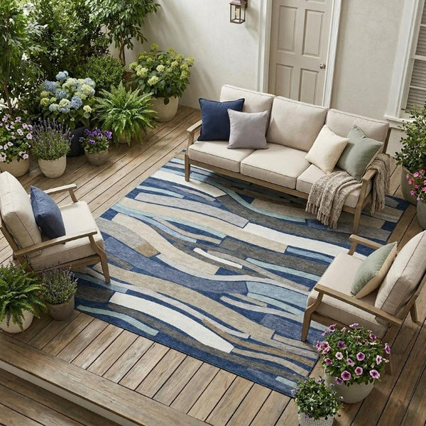 8 X 10 Navy Striped Washable Polyester Area Rug for Patio Porch or Living Room