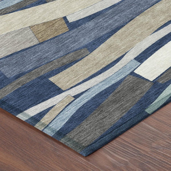 8 X 10 Navy Striped Washable Polyester Area Rug for Patio Porch or Living Room