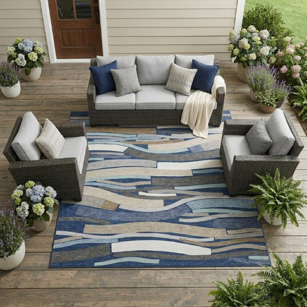 10 X 14 Striped Polyester Indoor Outdoor Rug Washable Stain Resistant Patio Floor