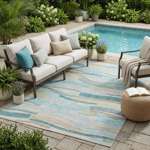 5 X 8 Striped Teal Polyester Area Rug Washable Stain Resistant Indoor Outdoor Use