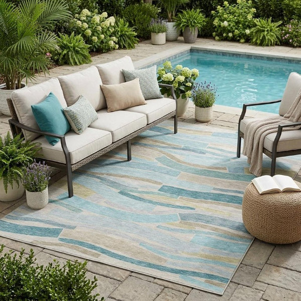 5 X 8 Striped Teal Polyester Area Rug Washable Stain Resistant Indoor Outdoor Use