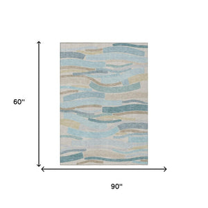 5 X 8 Striped Teal Polyester Area Rug Washable Stain Resistant Indoor Outdoor Use
