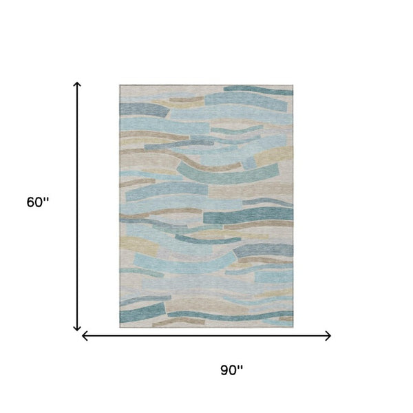 5 X 8 Striped Teal Polyester Area Rug Washable Stain Resistant Indoor Outdoor Use