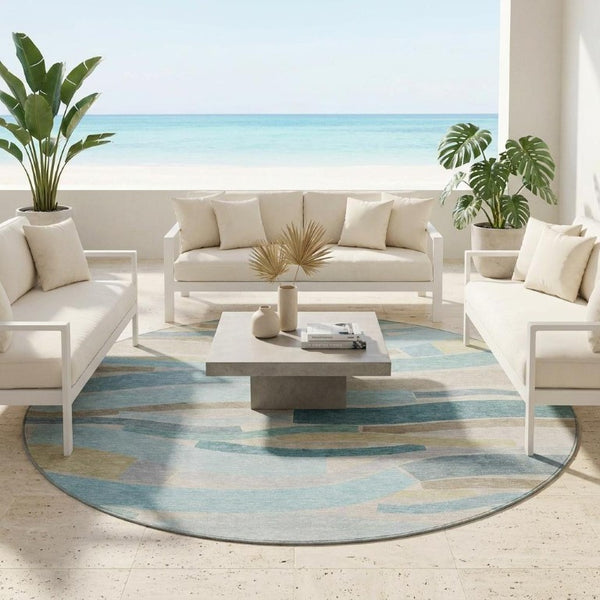 8 Foot Round Striped Teal Polyester Area Rug Stain Resistant for Indoor Outdoor Use
