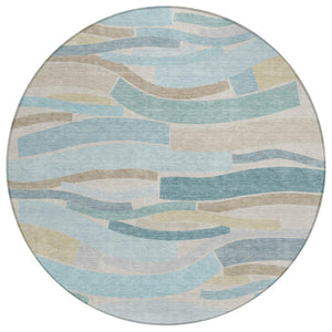HomeRoots 8 Foot Round Striped Teal Polyester Area Rug Stain Resistant for Indoor Outdoor Use 741107