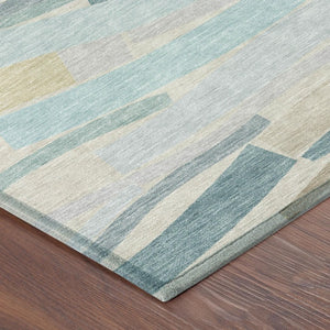 8 Foot Round Striped Teal Polyester Area Rug Stain Resistant for Indoor Outdoor Use