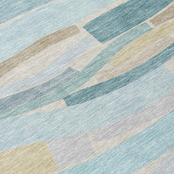8 Foot Round Striped Teal Polyester Area Rug Stain Resistant for Indoor Outdoor Use