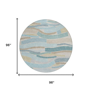 8 Foot Round Striped Teal Polyester Area Rug Stain Resistant for Indoor Outdoor Use