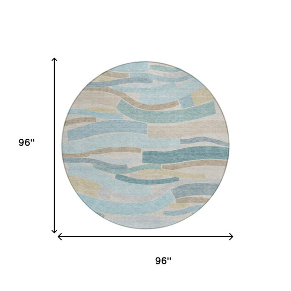 8 Foot Round Striped Teal Polyester Area Rug Stain Resistant for Indoor Outdoor Use