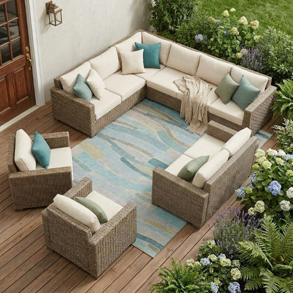 8 X 10 Teal Silver Stripe Washable Polyester Rug for Patio Porch or Living Room