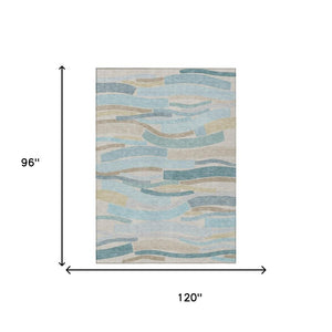 8 X 10 Teal Silver Stripe Washable Polyester Rug for Patio Porch or Living Room