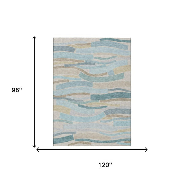 8 X 10 Teal Silver Stripe Washable Polyester Rug for Patio Porch or Living Room