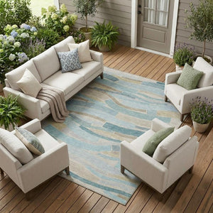 9 X 12 Striped Teal Silver Washable Polyester Area Rug for Patio or Living Room