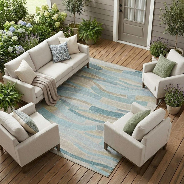 9 X 12 Striped Teal Silver Washable Polyester Area Rug for Patio or Living Room