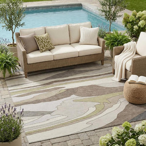 5x8 Ivory Flax Abstract Polyester Area Rug Washable for Indoor Outdoor Use