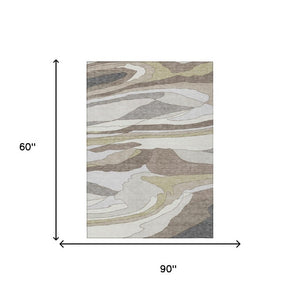 5x8 Ivory Flax Abstract Polyester Area Rug Washable for Indoor Outdoor Use