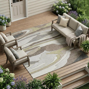 9 X 12 Ivory Flax Abstract Polyester Area Rug Washable for Indoor Outdoor Use