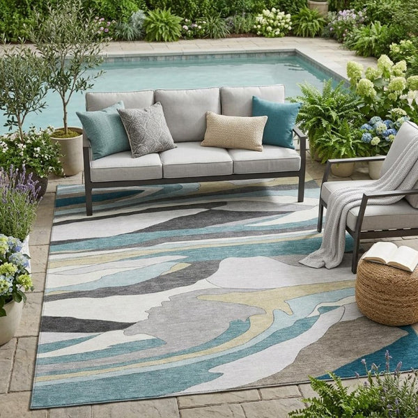 5 X 8 Teal Gray Abstract Polyester Area Rug Washable for Patio or Living Room