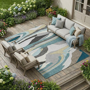 8 X 10 Abstract Teal Gray Polyester Washable Rug for Patio Porch or Living Room