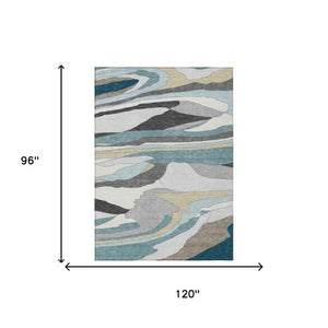 8 X 10 Abstract Teal Gray Polyester Washable Rug for Patio Porch or Living Room