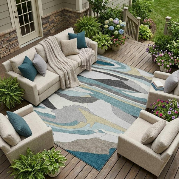 9x12 Teal Gray Abstract Polyester Area Rug Washable Stain Resistant Indoor Outdoor