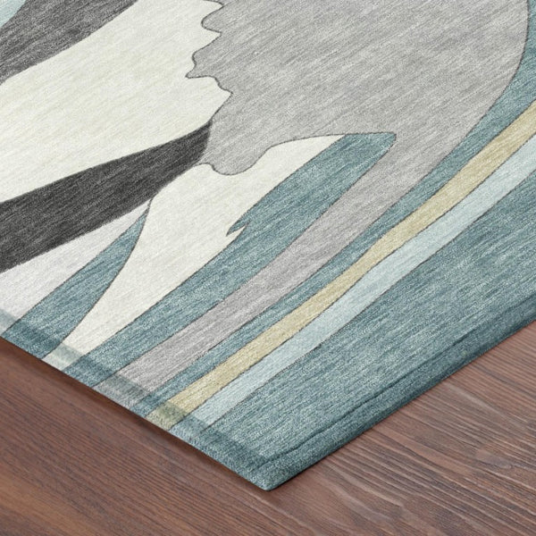 9x12 Teal Gray Abstract Polyester Area Rug Washable Stain Resistant Indoor Outdoor