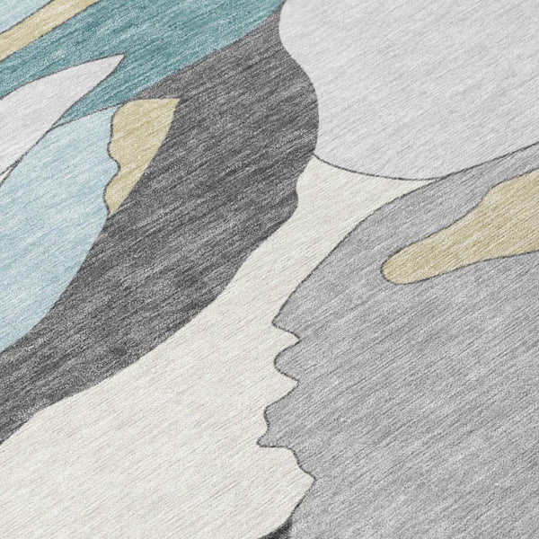9x12 Teal Gray Abstract Polyester Area Rug Washable Stain Resistant Indoor Outdoor