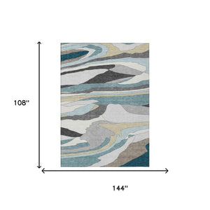 9x12 Teal Gray Abstract Polyester Area Rug Washable Stain Resistant Indoor Outdoor