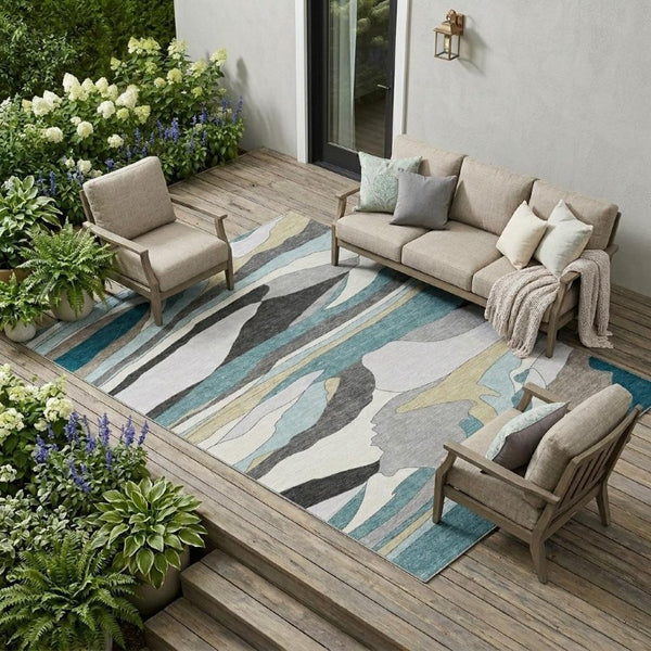 10 X 14 Abstract Teal Gray Washable Polyester Rug for Patio Porch or Living Room