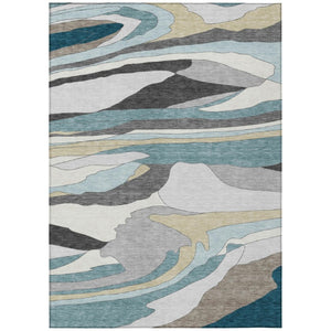 HomeRoots 10 X 14 Abstract Teal Gray Washable Polyester Rug for Patio Porch or Living Room 741140