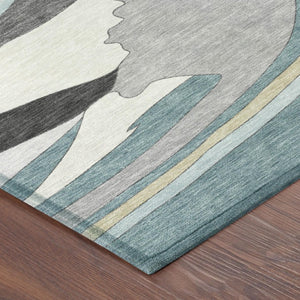 10 X 14 Abstract Teal Gray Washable Polyester Rug for Patio Porch or Living Room