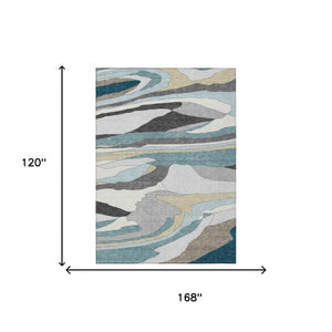 10 X 14 Abstract Teal Gray Washable Polyester Rug for Patio Porch or Living Room