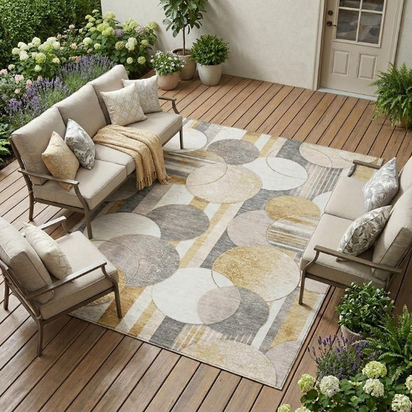 9 X 12 Gold Pewter Geometric Polyester Area Rug Stain Resistant Indoor Outdoor