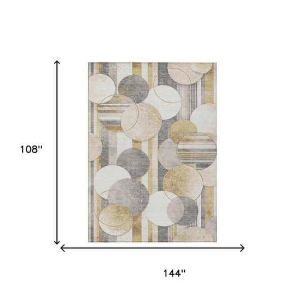 9 X 12 Gold Pewter Geometric Polyester Area Rug Stain Resistant Indoor Outdoor