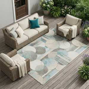 9x12 Teal Silver Geometric Polyester Area Rug Stain Resistant Indoor Outdoor Use