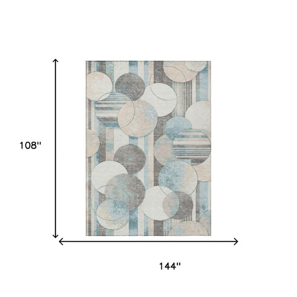 9x12 Teal Silver Geometric Polyester Area Rug Stain Resistant Indoor Outdoor Use