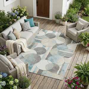 10 X 14 Teal Silver Geometric Polyester Area Rug Washable for Patio or Living Room