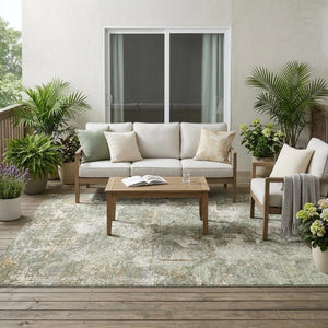 5 X 8 Abstract Green Beige Polyester Area Rug Washable for Patio or Living Room