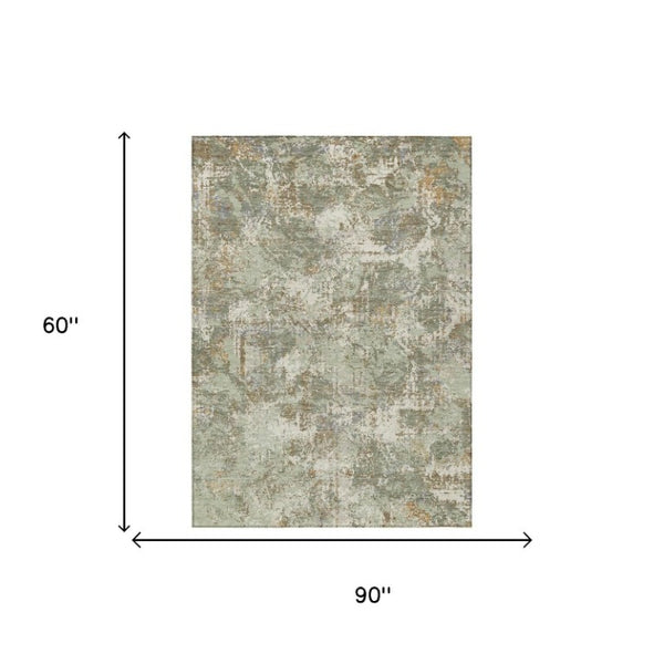 5 X 8 Abstract Green Beige Polyester Area Rug Washable for Patio or Living Room
