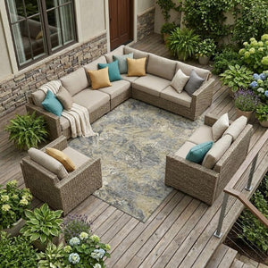 9 X 12 Gray Khaki Abstract Polyester Area Rug Washable for Indoor Outdoor Use