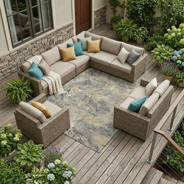 9 X 12 Gray Khaki Abstract Polyester Area Rug Washable for Indoor Outdoor Use