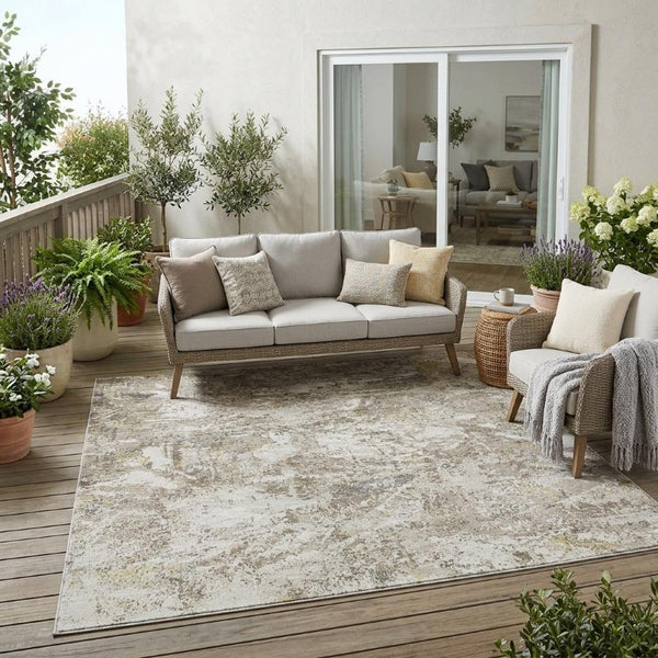 5 X 8 Ivory Silver Abstract Polyester Area Rug Washable for Indoor Outdoor Use