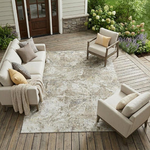 9x12 Abstract Ivory Silver Polyester Area Rug Stain Resistant for Patio or Living Room