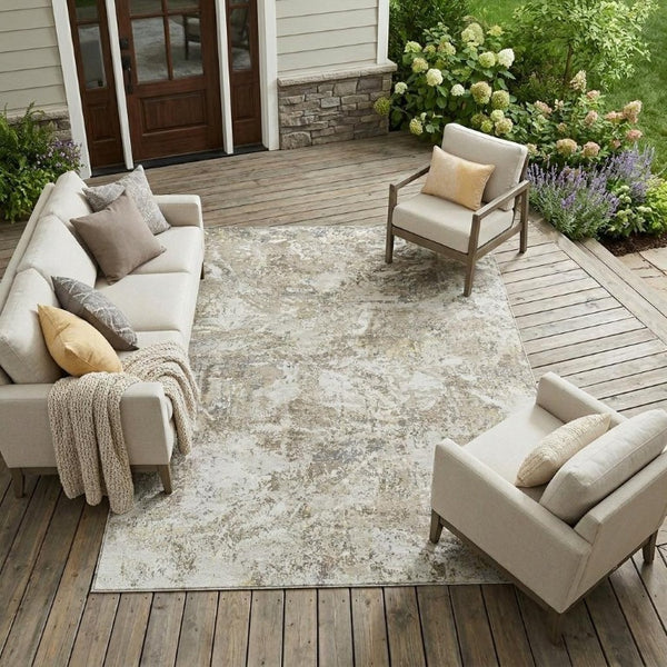 9x12 Abstract Ivory Silver Polyester Area Rug Stain Resistant for Patio or Living Room